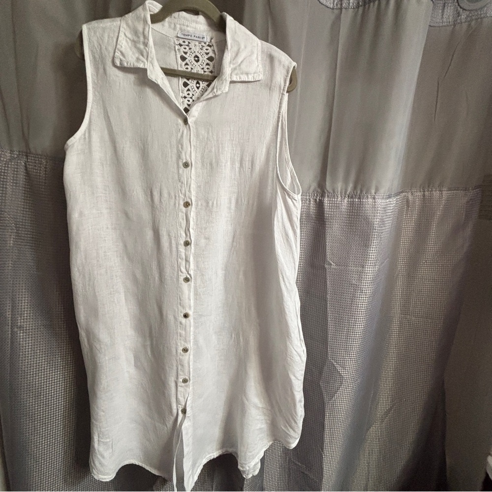 Tempo Paris 100% Linen Size M/L Made In Italy Sleeveless Shirt dress W/Lace Back - Picture 2 of 8
